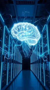 A futuristic representation of a brain illuminated by blue lights in a high-tech data center, symbolizing the intersection of artificial intelligence and advanced technology.