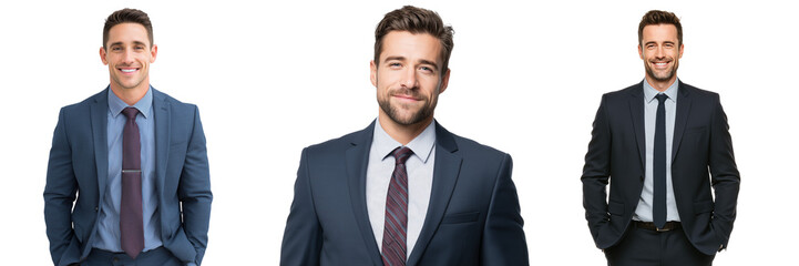Three smiling men in dark blue suits and ties on a white and isolated on a transparent background male
