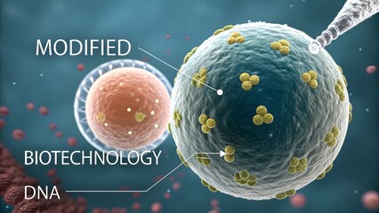 Cell dividing under a microscope with scientific annotation