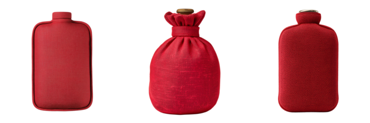 Three red fabric hot water bottles with different designs and caps isolated on a transparent background