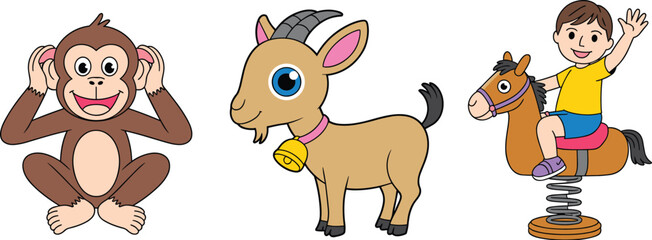 Cute cartoon monkey goat and happy kid riding horse toy, fun animal friends vector illustration for children education design