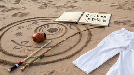 Capoeira Roda Circle Drawn in Sand with Berimbau and Book