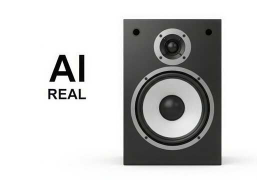 Ai powered audio experience with a modern speaker and text overlay isolated on white background