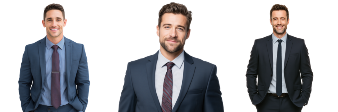 Three smiling men in dark blue suits and ties on a white and isolated on a transparent background male - Powered by Adobe