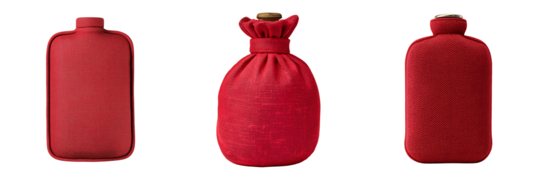 Three red fabric hot water bottles with different designs and caps isolated on a transparent background