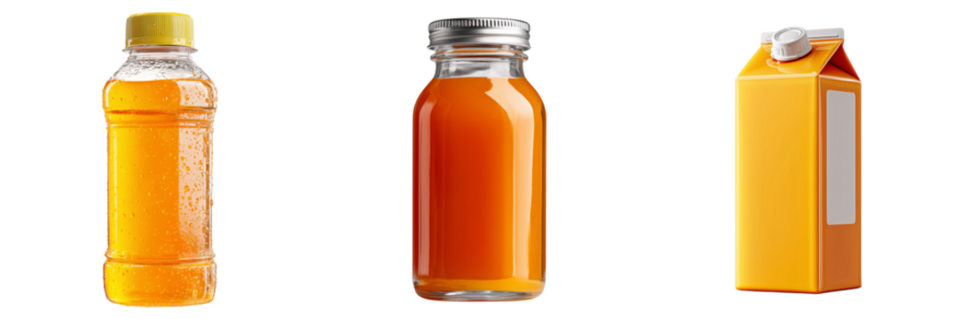 Three orange beverages in plastic bottle glass bottle and carton isolated on a transparent background