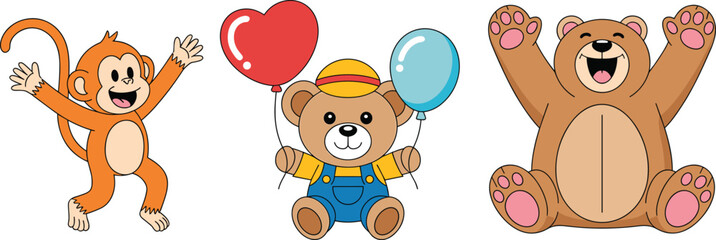 Cute cartoon monkey and teddy bears illustration with balloons, happy animal characters for kids design, nursery art, vector clipart