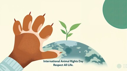International Animal Rights Day illustration with an animal paw protecting a plant on Earth. Conservation and respect for all life concept with copy space