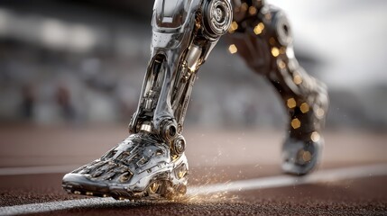 Futuristic robotic leg running on a track, generating sparks
