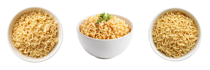 Three bowls of instant ramen noodles with a garnish of green herbs isolated on a transparent background