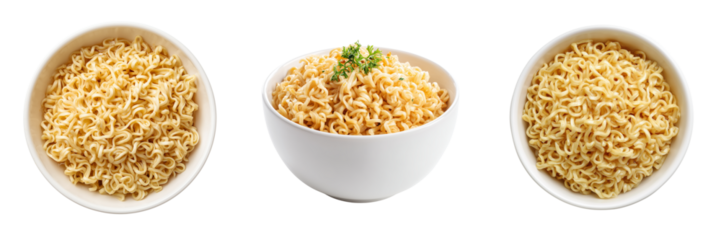 Three bowls of instant ramen noodles with a garnish of green herbs isolated on a transparent background