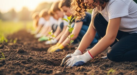 Children participate in tree planting event at local community garden during sunny afternoon