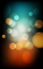 Colorful abstract background with teal blue and warm orange bokeh. Vibrant, blurred, glowing lights on a dark vertical backdrop.