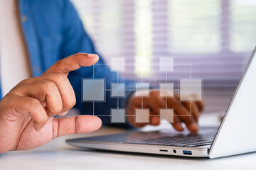 Workflow automation, process management, system integration, and digital optimization shown through a businessman holding virtual flowchart network above laptop symbolizing modern business efficiency