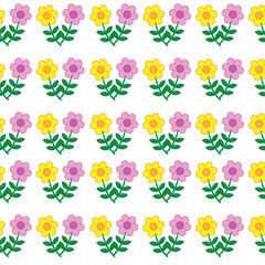 Spring flower, floral row blossom, yellow pink garden, cute plant seamless pattern vector illustration, decorative botanic leaf design.