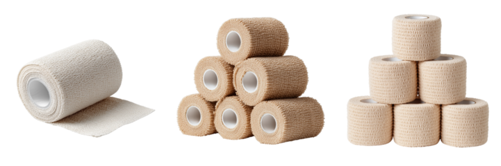 Collection of beige elastic cohesive bandage rolls for medical use isolated on a transparent background