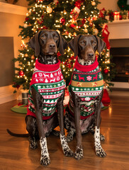 Pair of German Shorthaired Pointers wearing festive Christmas sweaters, in front of Christmas tree and fireplace.