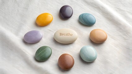 Collection of smooth worry stones laid out with one saying Breathe