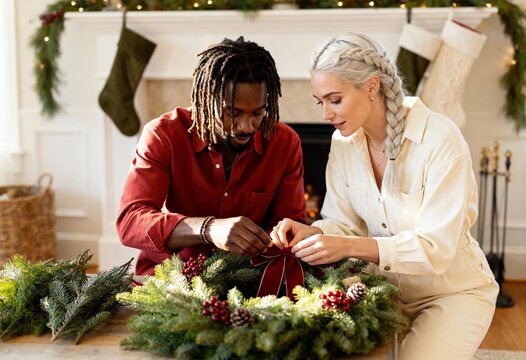 Multiracial couple making a festive Christmas wreath together at home. Man and woman decorating with a handmade evergreen wreath for the holidays. Winter season tradition and DIY craft concept