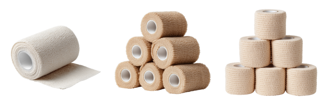 Collection of beige elastic cohesive bandage rolls for medical use isolated on a transparent background