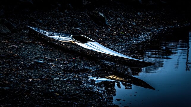 kayak. A kayak rests on the shoreline, reflecting calm blue waters in a serene natural setting. tourism brochures, itinerary planners, designed for travel destination branding.