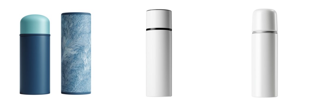 Blue and white cylindrical containers with decorative patterns and plain surfaces isolated on a transparent background