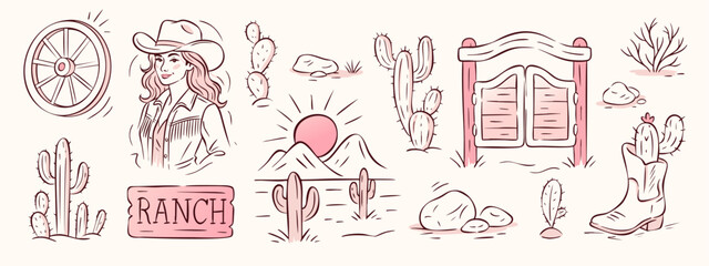 Cowgirl western hat and boot illustration with pink ranch landscape and cactus doodle in whimsical style. Cowgirl western vector design for bachelorette theme, cute aesthetic country poster element.