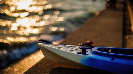 kayak. A kayak rests on the shoreline, reflecting calm blue waters in a serene natural setting. tourism brochures, itinerary planners, designed for travel destination branding.