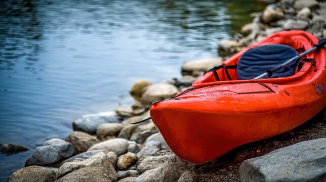 kayak. A kayak rests on the shoreline, reflecting calm blue waters in a serene natural setting. tourism brochures, itinerary planners, designed for travel destination branding.