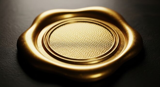 Detail of a golden wax seal with a textured surface lying on a dark background highlighting its elegance and craftsmanship