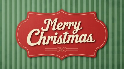 Retro Merry Christmas Text on a Red Label Against a Classic Green Striped Background with Paper Texture