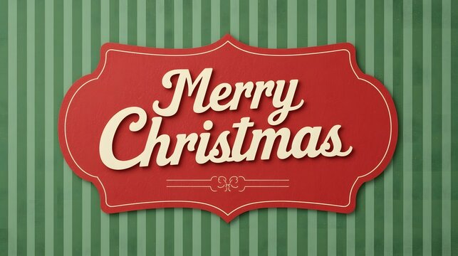 Retro Merry Christmas Text on a Red Label Against a Classic Green Striped Background with Paper Texture