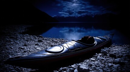 kayak. A kayak rests on the shoreline, reflecting calm blue waters in a serene natural setting. tourism brochures, itinerary planners, designed for travel destination branding.