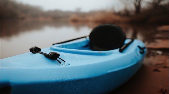 kayak. A kayak rests on the shoreline, reflecting calm blue waters in a serene natural setting. tourism brochures, itinerary planners, designed for travel destination branding.