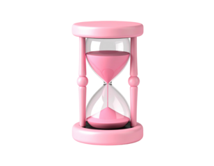 A pink hourglass with sand flowing through its transparent glass container