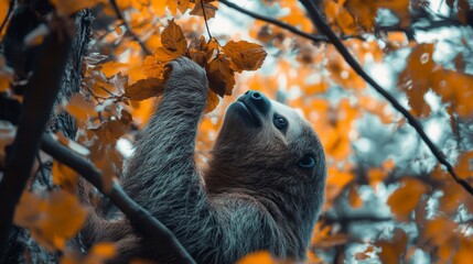 Fototapeta premium A sloth explores colorful autumn foliage. The creature moves slowly, enjoying the vibrant leaves around it. Nature showcases a blend of colors and life. Generative AI