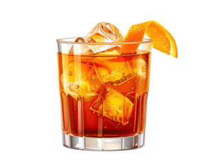 A cold cocktail in a glass, garnished with an orange peel and ice cubes