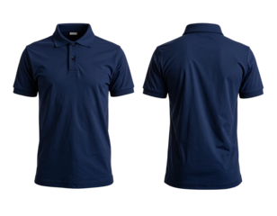 Navy blue polo shirt displayed front and back, isolated on a black background