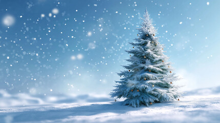 Fototapeta premium Winter Wonderland Scene: A pristine snow-covered Christmas tree stands serene in a winter wonderland, amidst a gentle snowfall and a bright, frosty sky.