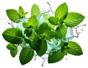 Fresh mint leaves amidst water splash, clear droplets with vibrant green against black