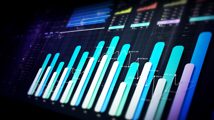 Fototapeta premium Futuristic financial trading dashboard motion background with glowing charts, analytics interface, stock market graphs, and real-time fintech data visualization design