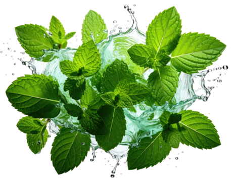 Fresh mint leaves amidst water splash, clear droplets with vibrant green against black