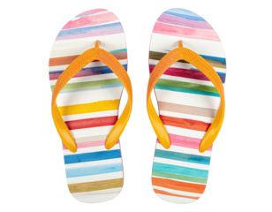 Two colorful flip-flops with orange straps, striped design against a black background