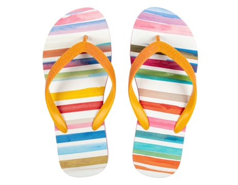 Two colorful flip-flops with orange straps, striped design against a black background