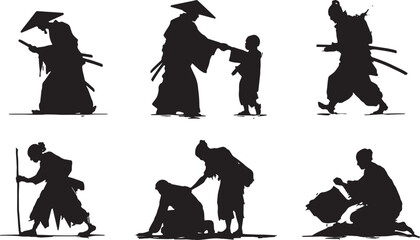 Obraz premium Benevolent Samurai Helping Villager Silhouette Set