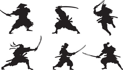 Fototapeta premium Dynamic Samurai Combat Action Silhouette Set