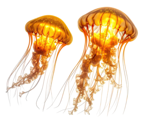 Two translucent jellyfish with glowing golden hues and long, delicate tentacles