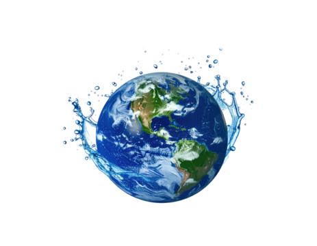 Globe Earth surrounded by splashing water, with continents visible on black backdrop