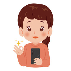 スマートフォンを持ってOKポーズする女性　上半身イラスト／Upper Body Illustration of Woman Giving OK Sign While Holding Smartphone