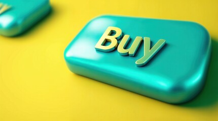 Close-up of a 3D "Buy" button on a yellow background. E-commerce and online shopping call to action concept. Metallic web icon for digital purchase